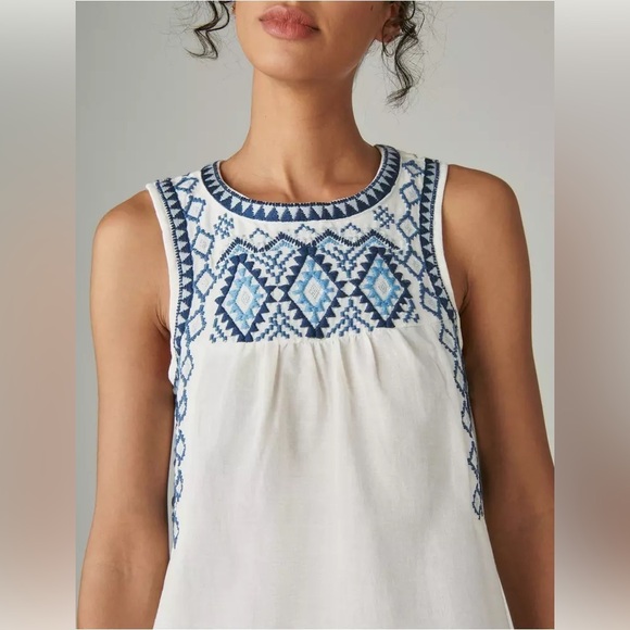 Lucky Brand Boho Blue Embroidered White Cotton Linen Blend Shift Dress Sz Small - Picture 5 of 12